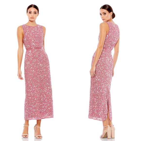 NEW NWT Mac Duggal Geometric Patterned Sequin Midi Dress Rosewood - Picture 1 of 13